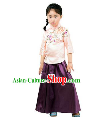 Traditional Chinese Ancient Republic of China Nobility Lady Costume Embroidered Blouse and Purple Skirt for Kids