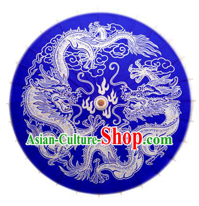 China Traditional Dance Handmade Umbrella Painting Dragon Blue Oil-paper Umbrella Stage Performance Props Umbrellas