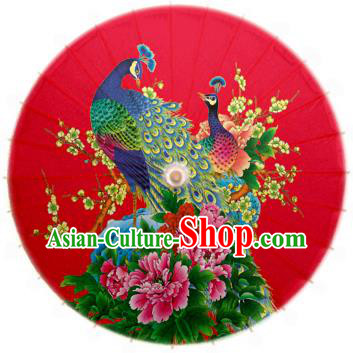 China Traditional Dance Handmade Umbrella Printing Peacock Prony Red Oil-paper Umbrella Stage Performance Props Umbrellas