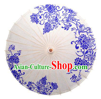 China Traditional Dance Handmade Umbrella Blue and White Porcelain Peony Oil-paper Umbrella Stage Performance Props Umbrellas