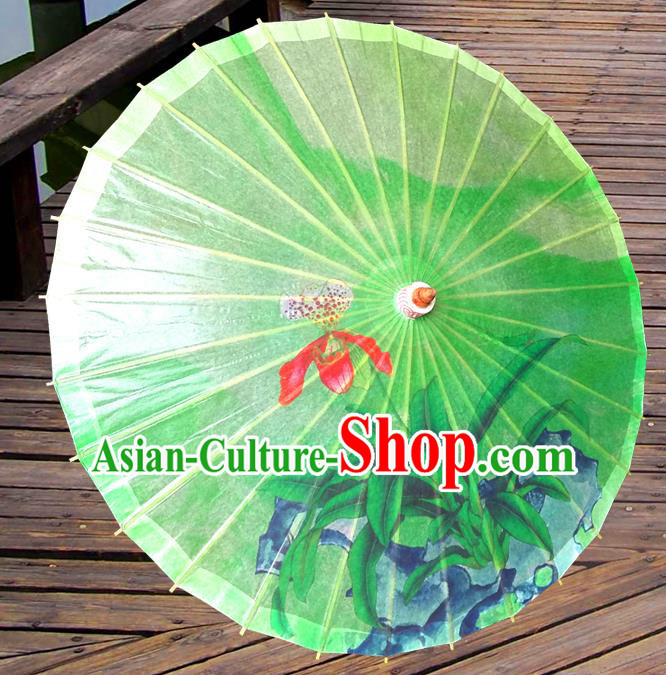 China Traditional Dance Handmade Umbrella Painting Phalaenopsis Green Oil-paper Umbrella Stage Performance Props Umbrellas
