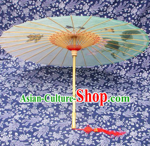 China Traditional Dance Handmade Umbrella Printing Greenish Lily Flower Oil-paper Umbrella Stage Performance Props Umbrellas