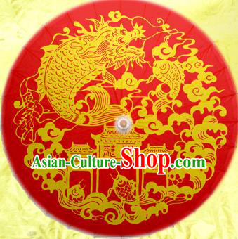 Handmade China Traditional Dance Painting Dragon Carp Wedding Red Umbrella Oil-paper Umbrella Stage Performance Props Umbrellas