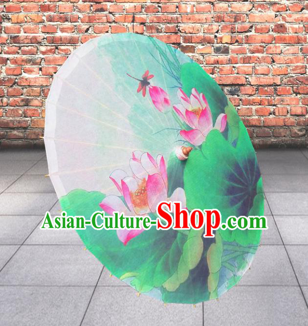 Handmade China Traditional Folk Dance Umbrella Painting Lotus Green Oil-paper Umbrella Stage Performance Props Umbrellas