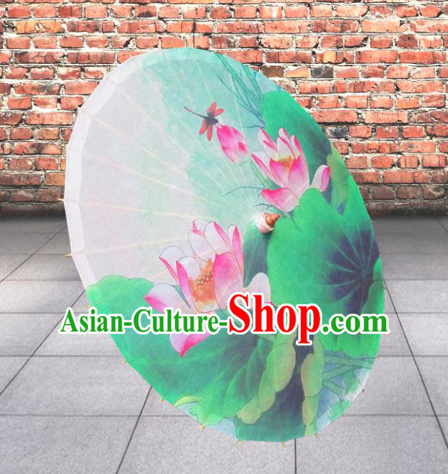 Handmade China Traditional Folk Dance Umbrella Painting Lotus Green Oil-paper Umbrella Stage Performance Props Umbrellas