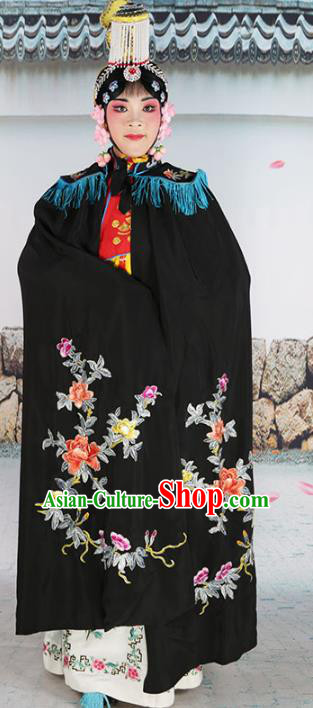 Chinese Beijing Opera Diva Imperial Empress Costume Black Embroidered Cloak, China Peking Opera Actress Embroidery Mantle Clothing