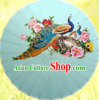 Handmade China Traditional Dance Wedding Umbrella Printing Peacock Blue Oil-paper Umbrella Stage Performance Props Umbrellas