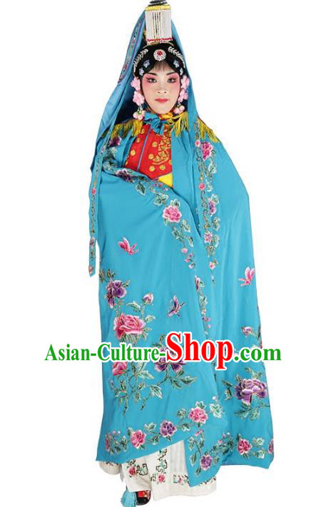 Chinese Beijing Opera Diva Imperial Empress Costume Embroidered Blue Cloak, China Peking Opera Actress Embroidery Mantle Clothing