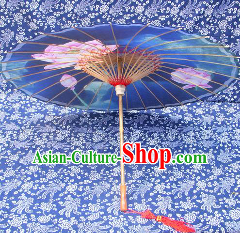 Handmade China Traditional Folk Dance Umbrella Ink Painting Lotus Blue Oil-paper Umbrella Stage Performance Props Umbrellas