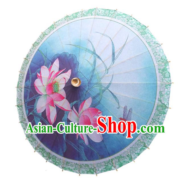 Handmade China Traditional Folk Dance Umbrella Painting Lotus Blue Oil-paper Umbrella Stage Performance Props Umbrellas