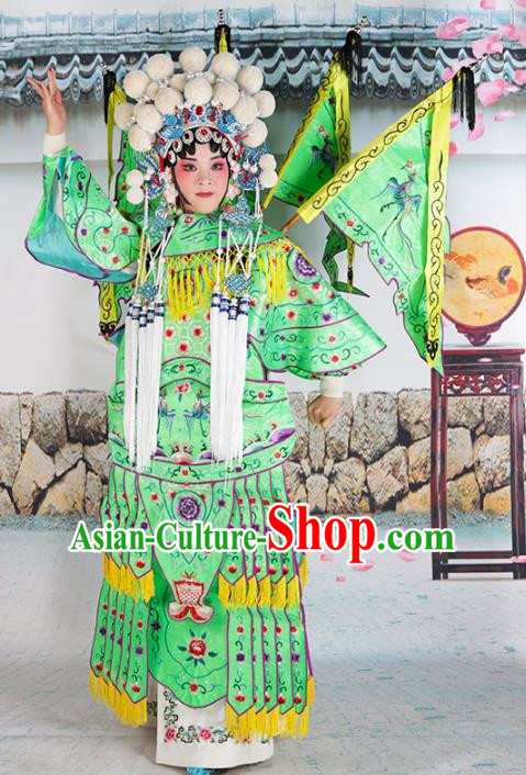 Chinese Beijing Opera Female General Embroidered Green Costume, China Peking Opera Blues Embroidery Clothing