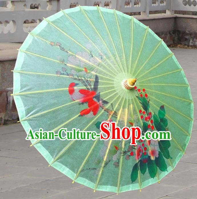China Traditional Folk Dance Paper Umbrella Hand Painting Flower Bird Green Oil-paper Umbrella Stage Performance Props Umbrellas