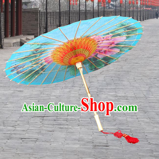 Handmade China Traditional Folk Dance Umbrella Stage Performance Props Umbrellas Printing Peony Blue Oil-paper Umbrella