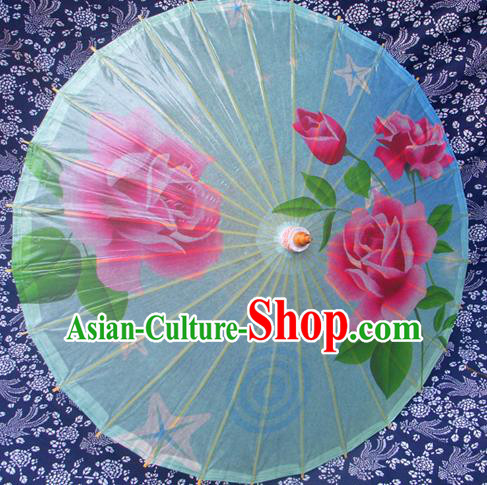 Handmade China Traditional Folk Dance Umbrella Stage Performance Props Umbrellas Printing Rose Blue Oil-paper Umbrella