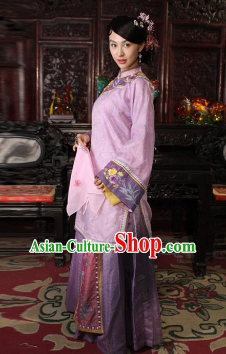 Traditional Chinese Ancient Qing Dynasty Young Mistress Embroidered Purple Xiuhe Suit Clothing for Women
