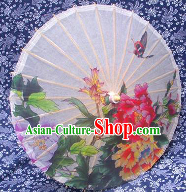 Handmade China Traditional Folk Dance Umbrella Stage Performance Props Umbrellas Printing Peony White Oil-paper Umbrella
