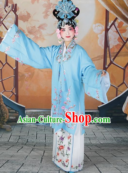 Chinese Beijing Opera Actress Princess Embroidered Blue Costume, China Peking Opera Diva Embroidery Wintersweet Clothing