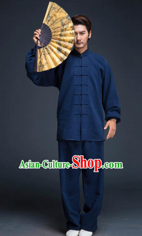 Top Grade Chinese Kung Fu Costume, China Martial Arts Tai Ji Training Navy Uniform Gongfu Wushu Clothing for Men
