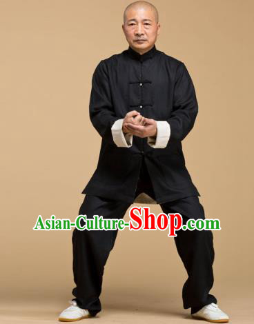 Top Grade Chinese Kung Fu Black Costume, China Martial Arts Tai Ji Training Uniform Gongfu Wushu Clothing for Men