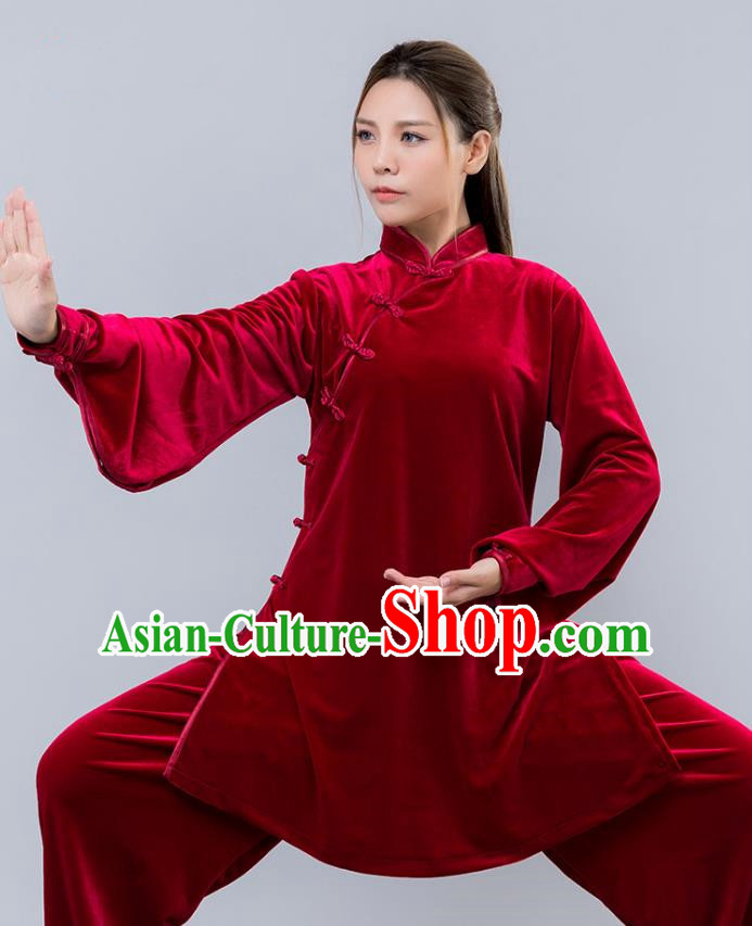 Top Grade Chinese Kung Fu Red Velvet Costume China Martial Arts Training Uniform Tai Ji Wushu Clothing for Women
