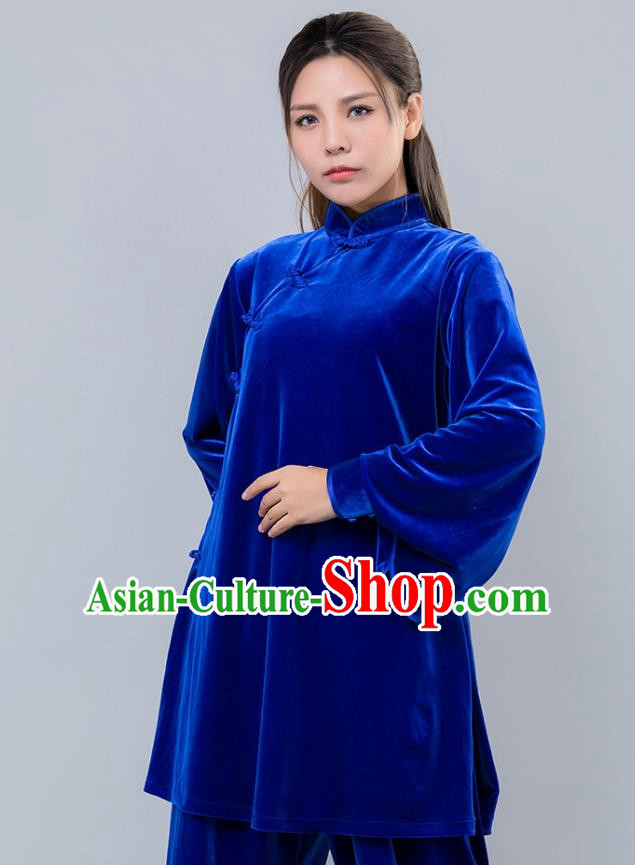 Top Grade Chinese Kung Fu Blue Velvet Costume China Martial Arts Training Uniform Tai Ji Wushu Clothing for Women
