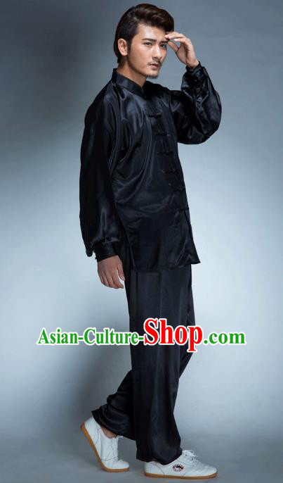 Top Grade Chinese Kung Fu Black Costume, China Martial Arts Tai Ji Training Uniform Gongfu Clothing for Men