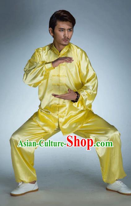 Top Grade Chinese Kung Fu Yellow Costume, China Martial Arts Tai Ji Training Uniform Gongfu Clothing for Men