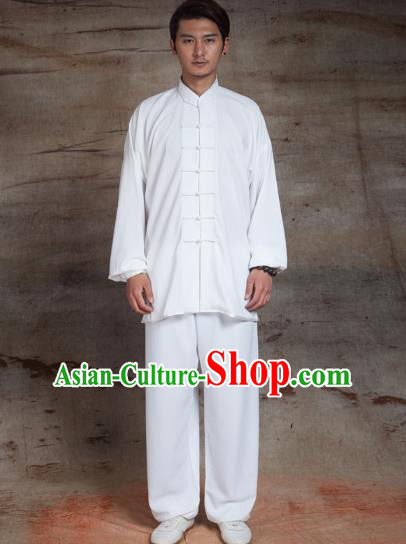 Top Grade Chinese Kung Fu White Linen Costume, China Martial Arts Tai Ji Training Uniform Gongfu Clothing for Men