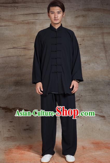 Top Grade Chinese Kung Fu Black Linen Costume, China Martial Arts Tai Ji Training Uniform Gongfu Clothing for Men