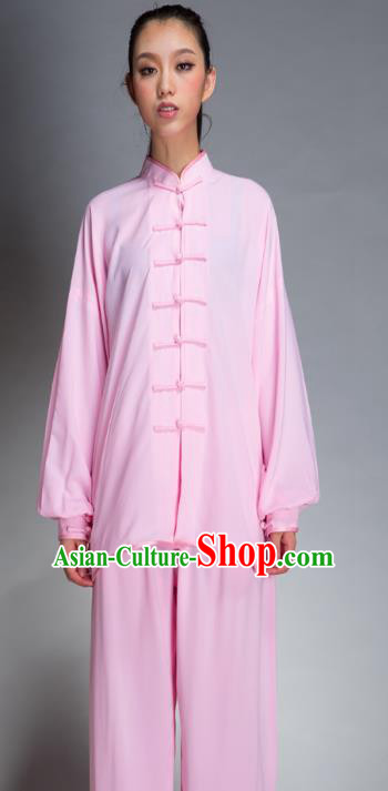 Top Grade Chinese Kung Fu Plated Buttons Pink Costume China Martial Arts Training Uniform Tai Ji Wushu Clothing for Women