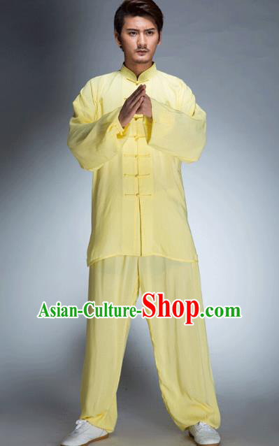 Top Grade Chinese Kung Fu Plated Buttons Costume, China Martial Arts Tai Ji Training Yellow Uniform Gongfu Clothing for Men