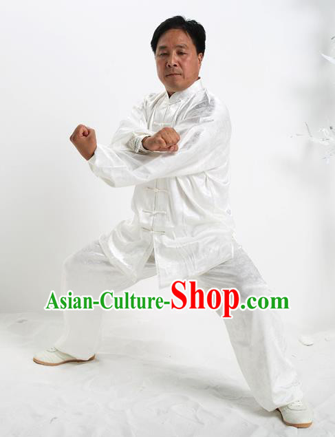 Top Grade Chinese Kung Fu White Silk Costume, China Martial Arts Tai Ji Training Uniform Gongfu Clothing for Men