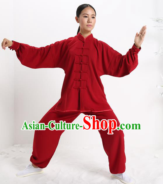 Top Grade Chinese Kung Fu Plated Buttons Costume, China Martial Arts Red Uniform Tai Ji Wushu Clothing for Women