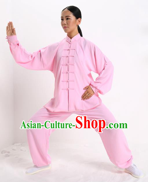 Top Grade Chinese Kung Fu Plated Buttons Costume, China Martial Arts Pink Uniform Tai Ji Wushu Clothing for Women