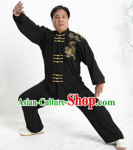 Top Grade Chinese Kung Fu Costume Tai Ji Training Uniform, China Martial Arts Gongfu Printing Dragon Clothing for Men