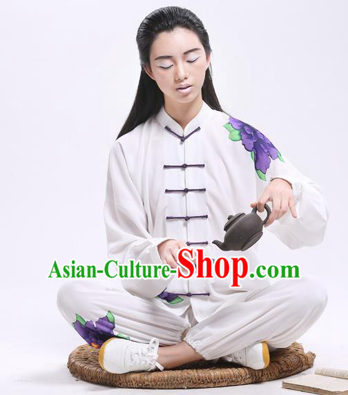 Top Grade Chinese Kung Fu Costume Martial Arts Printing Purple Peony Uniform, China Tai Ji Wushu Plated Buttons Clothing for Women