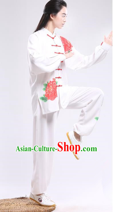 Top Grade Chinese Kung Fu Costume Martial Arts Printing Red Peony Uniform, China Tai Ji Wushu Plated Buttons Clothing for Women