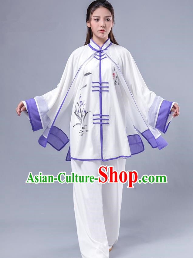 Top Grade Chinese Kung Fu Costume Martial Arts Printing Bamboo Purple Uniform, China Tai Ji Wushu Plated Buttons Clothing for Women