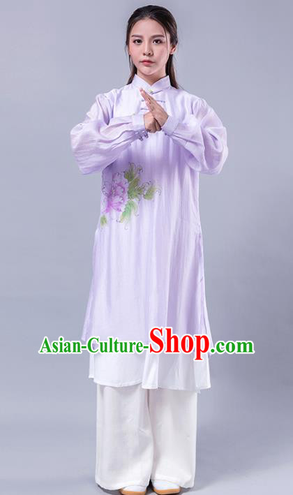 Top Grade Chinese Kung Fu Costume Martial Arts Printing Peony Purple Uniform, China Tai Ji Wushu Plated Buttons Clothing for Women