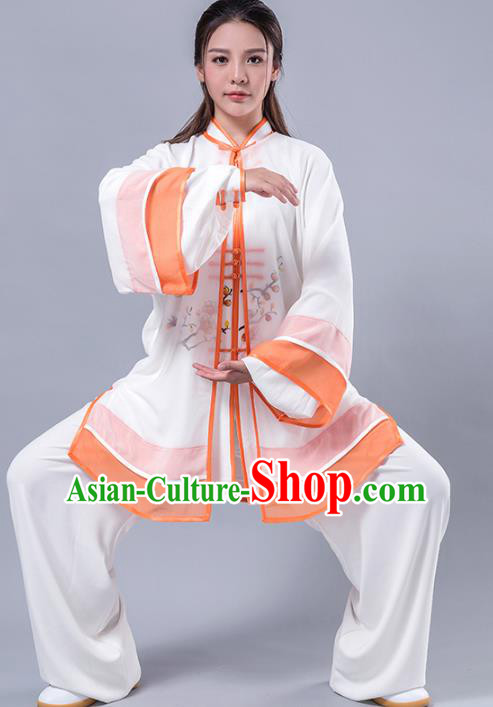 Top Grade Chinese Kung Fu Costume Martial Arts Printing Wintersweet Orange Uniform, China Tai Ji Wushu Plated Buttons Clothing for Women