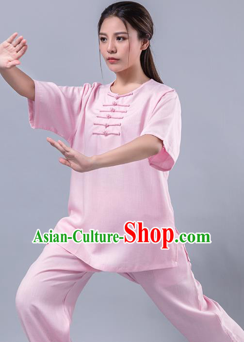 Top Grade Chinese Kung Fu Costume Martial Arts Pink Uniform, China Tai Ji Wushu Plated Buttons Clothing for Women