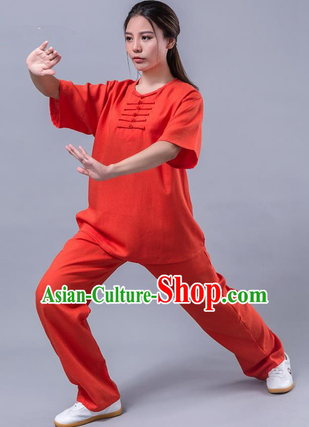 Top Grade Chinese Kung Fu Costume Martial Arts Red Uniform, China Tai Ji Wushu Plated Buttons Clothing for Women