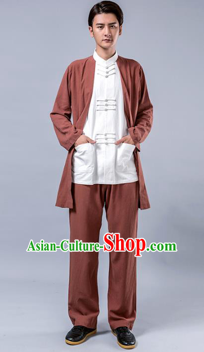 Top Grade Chinese Kung Fu Costume Tai Ji Training Brown Linen Uniform, China Martial Arts Tang Suit Gongfu Clothing for Men