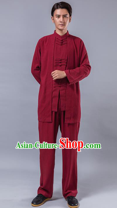 Top Grade Chinese Kung Fu Costume Tai Ji Training Red Linen Uniform, China Martial Arts Tang Suit Gongfu Clothing for Men