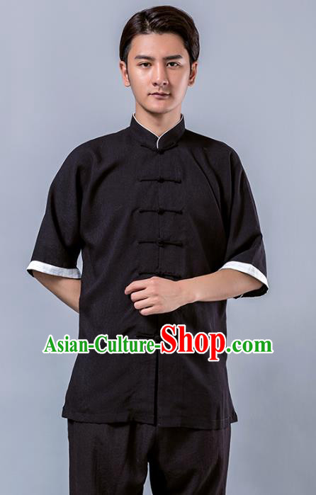 Top Grade Chinese Kung Fu Costume Tai Ji Training Black Linen Uniform, China Martial Arts Tang Suit Gongfu Clothing for Men