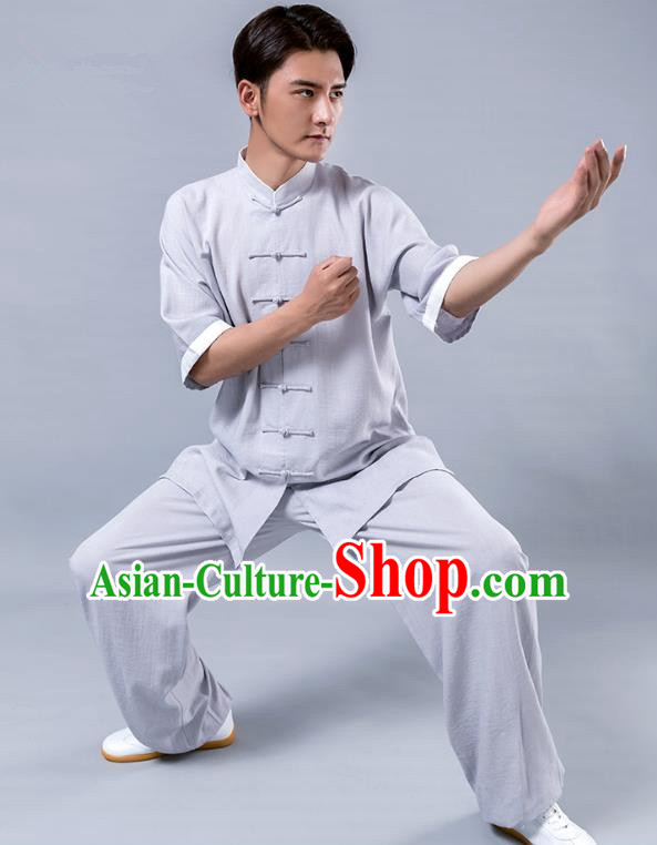 Top Grade Chinese Kung Fu Costume Tai Ji Training Grey Linen Uniform, China Martial Arts Tang Suit Gongfu Clothing for Men