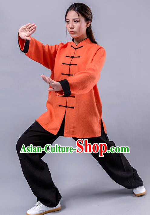 Top Grade Chinese Kung Fu Costume Martial Arts Orange Uniform, China Tai Ji Wushu Plated Buttons Clothing for Women