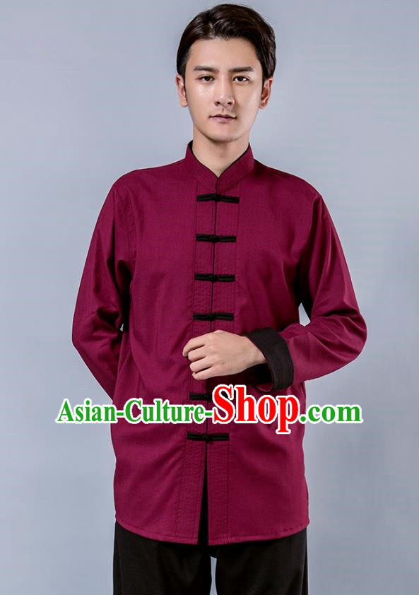 Top Grade Chinese Kung Fu Costume Tai Ji Training Wine Red Uniform, China Martial Arts Tang Suit Gongfu Clothing for Men