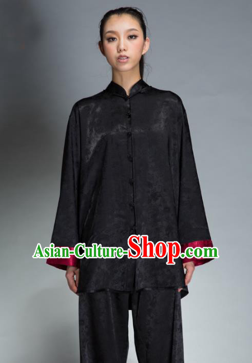 Top Grade Chinese Kung Fu Plated Buttons Black Dragon Pattern Costume, China Martial Arts Uniform Tai Ji Wushu Clothing for Women