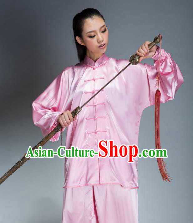 Top Grade Chinese Kung Fu Plated Buttons Pink Costume, China Martial Arts Uniform Tai Ji Wushu Clothing for Women